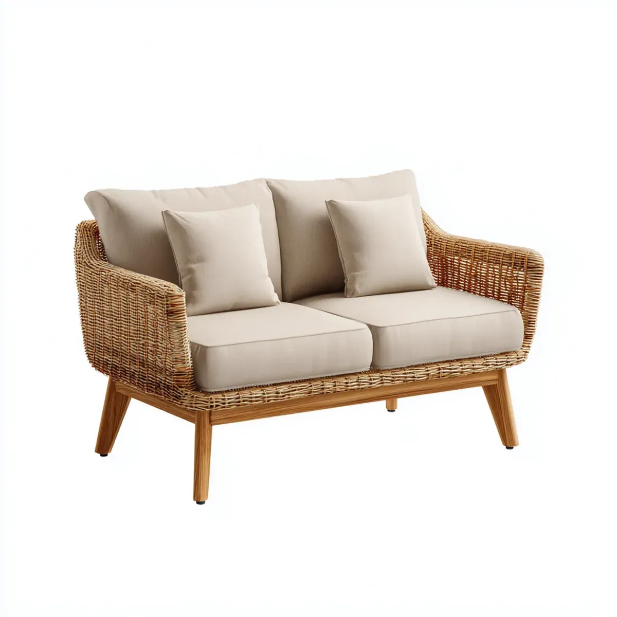 Canap¨¦ de jardin 2 places beige et naturel 140 x 75 x 80 cm en rotin synth¨¦tique PE et polyester forme droite
