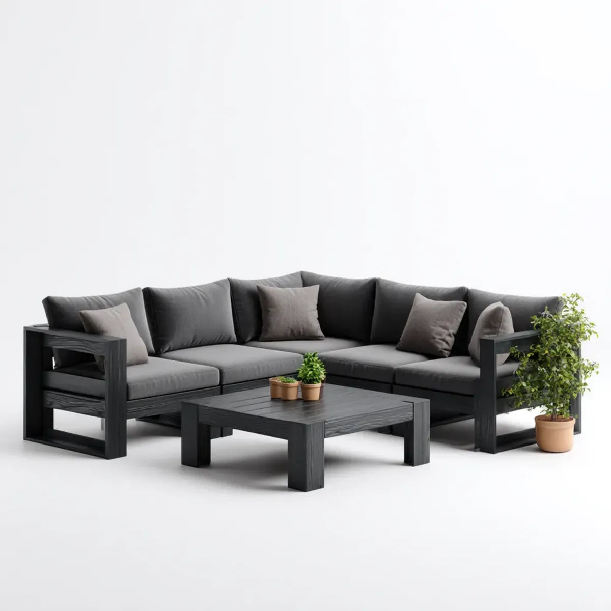 Salon de jardin d'angle 5 places noir et gris avec table basse en polypropyl¨¨ne 260 x 200 cm