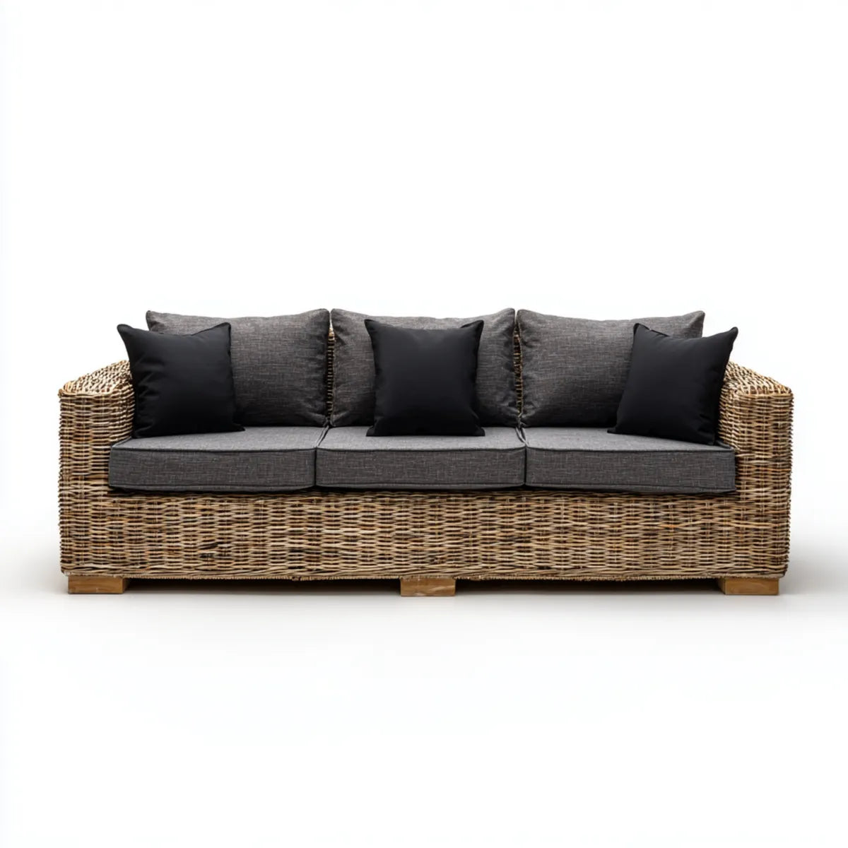 Canap¨¦ de jardin 3 places rectangulaire en rotin naturel beige avec coussins gris anthracite 220 x 90 x 82 cm