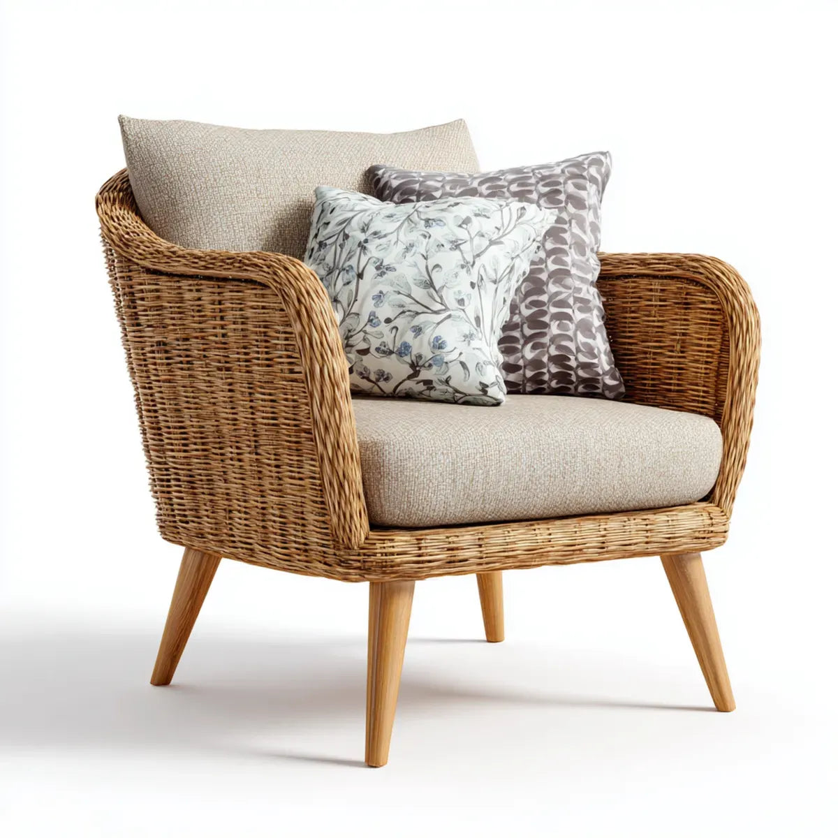 Fauteuil de salon en rotin naturel beige avec coussins 82 x 76 x 85 cm forme arrondie