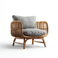 Fauteuil de salon en rotin naturel marron avec coussins gris forme arrondie 75 x 70 x 78 cm