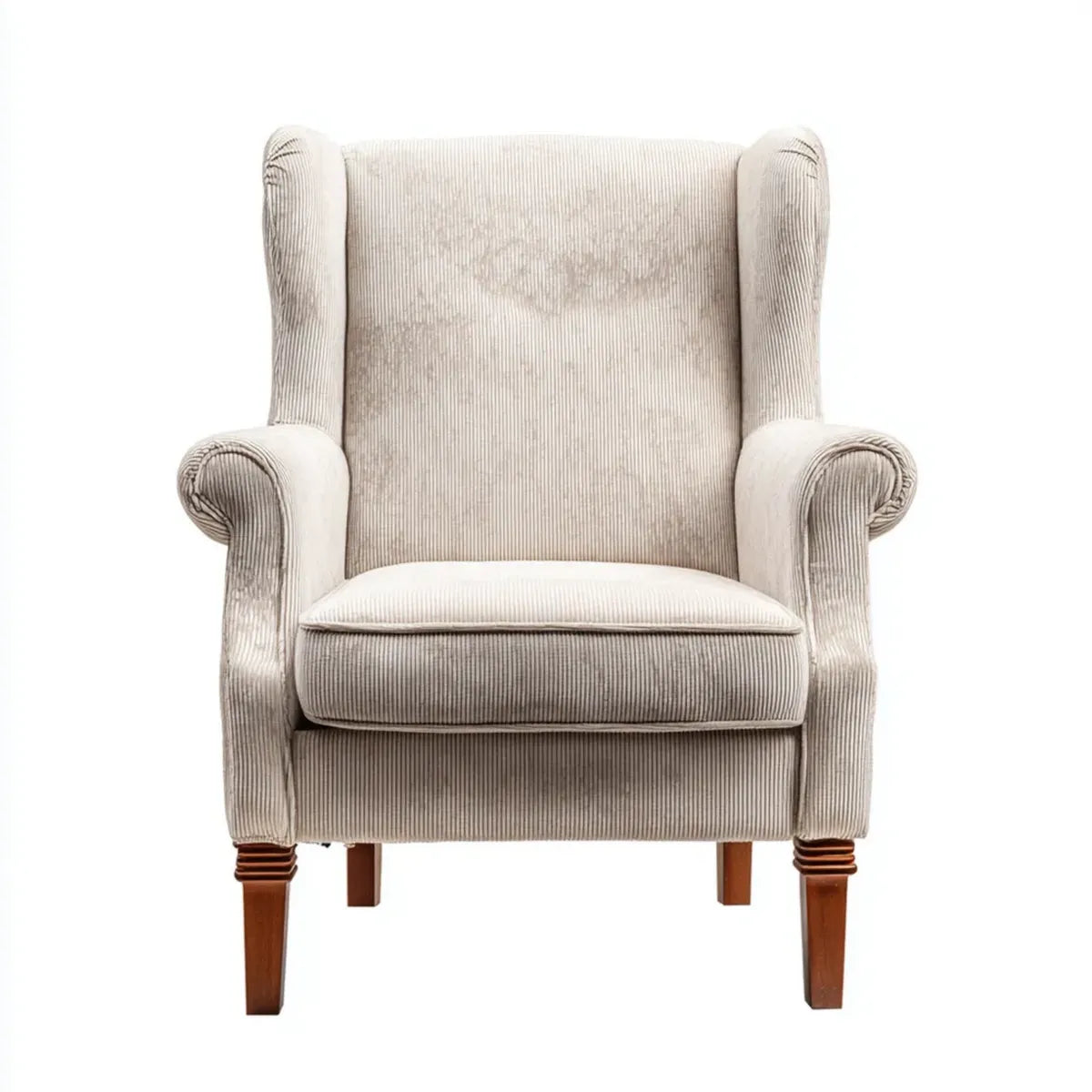 Fauteuil berg¨¨re ¨¤ oreilles beige en velours c?tel¨¦ polyester 75 x 85 x 105 cm avec pieds en h¨¦v¨¦a massif
