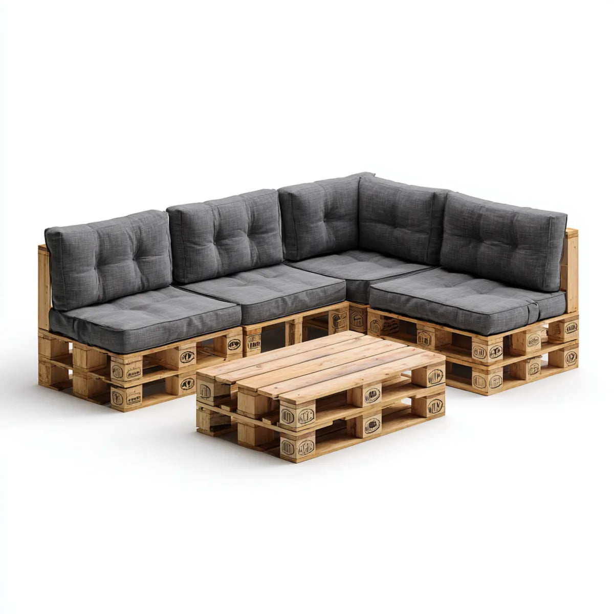 Salon de jardin d'angle 5 places en bois de pin gris anthracite 240 x 160 cm avec table basse