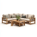 Salon de jardin d'angle 5 places beige en bois d'acacia massif forme L 270 x 210 x 75 cm avec table basse 120 x 70 x 42 cm