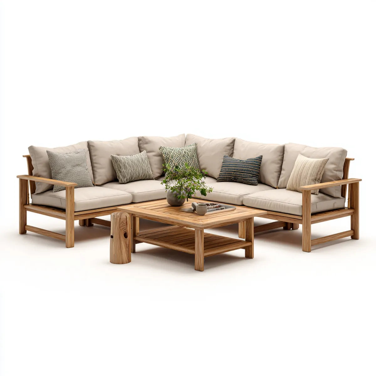 Salon de jardin d'angle 5 places beige en bois d'acacia massif forme L 270 x 210 x 75 cm avec table basse 120 x 70 x 42 cm
