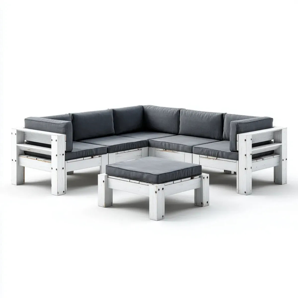 Salon de jardin d'angle 5 places blanc et gris anthracite en pin massif avec coussins 220 x 220 cm