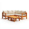 Salon de jardin d¡¯angle 5 places en acacia massif brun avec coussins beige 250 x 190 x 75 cm et table basse rectangulaire