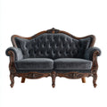 Canap¨¦ 2 places baroque gris anthracite en velours polyester et bois massif sculpt¨¦ 180 x 82 x 112 cm