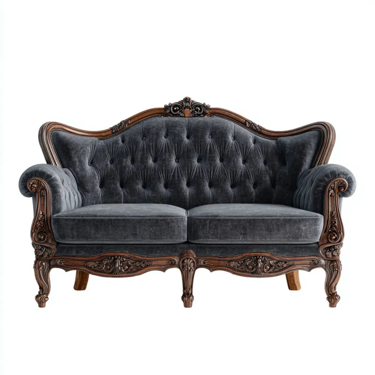 Canap¨¦ 2 places baroque gris anthracite en velours polyester et bois massif sculpt¨¦ 180 x 82 x 112 cm