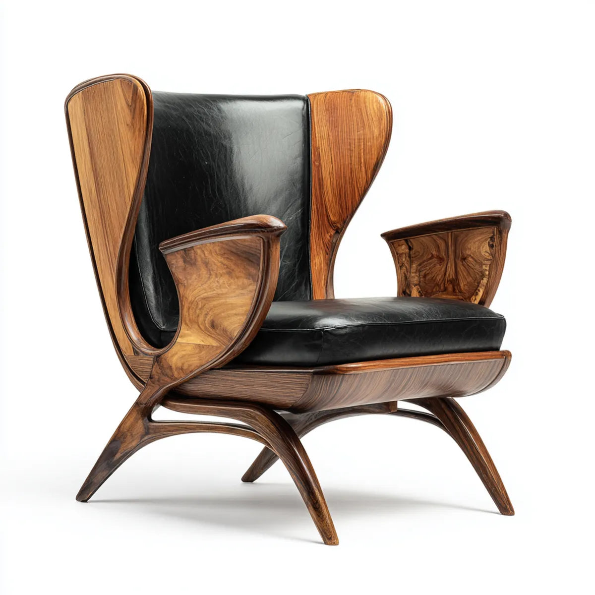 Fauteuil lounge ¨¤ oreilles noir et noyer massif 86 x 82 x 105 cm