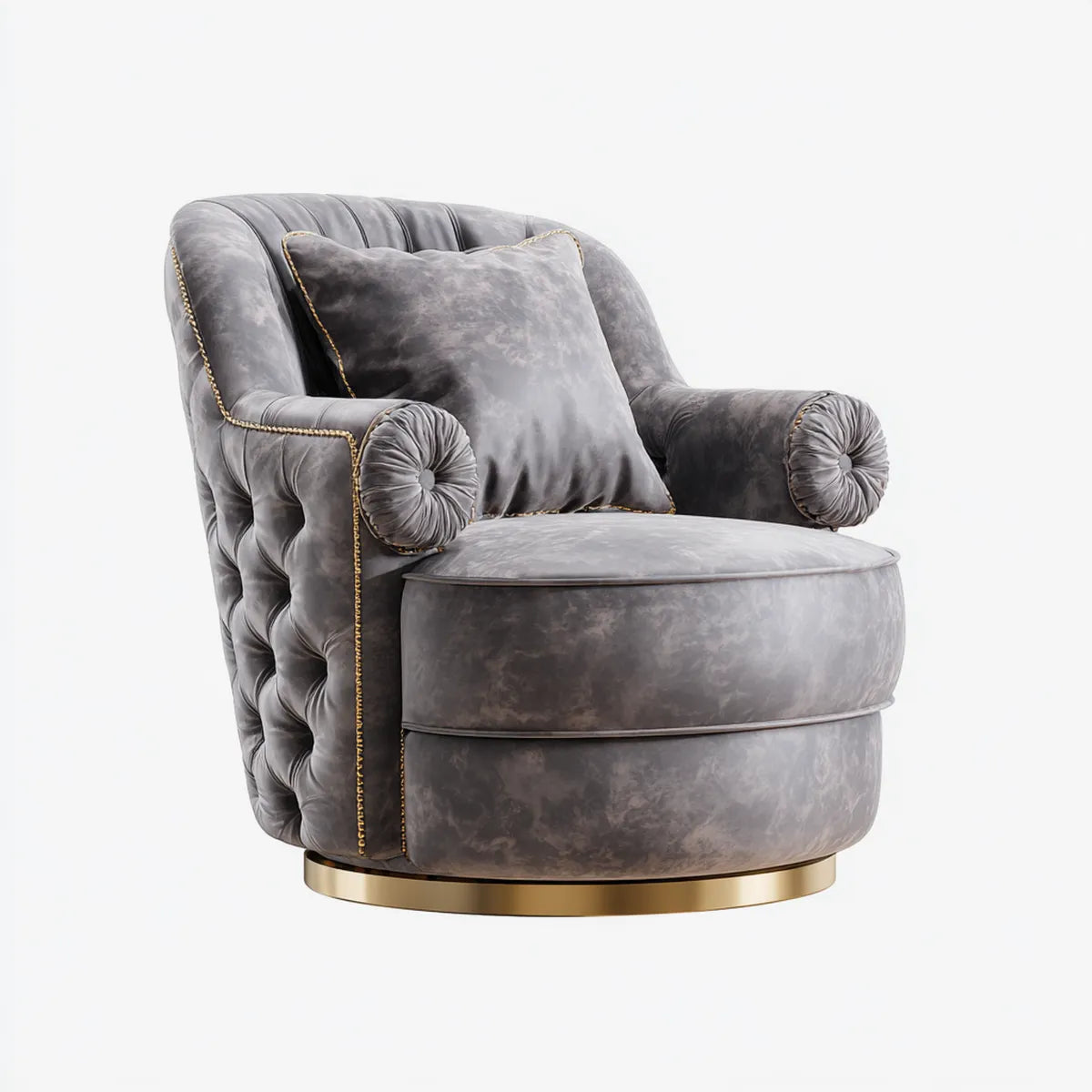Fauteuil club gris en velours de polyester capitonn¨¦ forme arrondie 100 x 90 x 95 cm