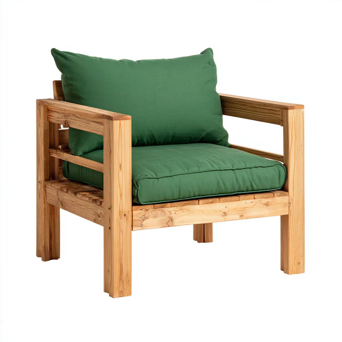 Fauteuil de salon vert en pin massif avec coussins en polyester forme carr¨¦e 75 x 80 x 75 cm