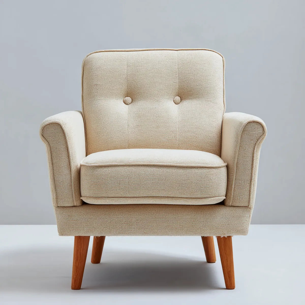 Fauteuil de salon beige ¨¤ dossier capitonn¨¦ en polyester avec pieds en bois massif 78 x 82 x 92 cm